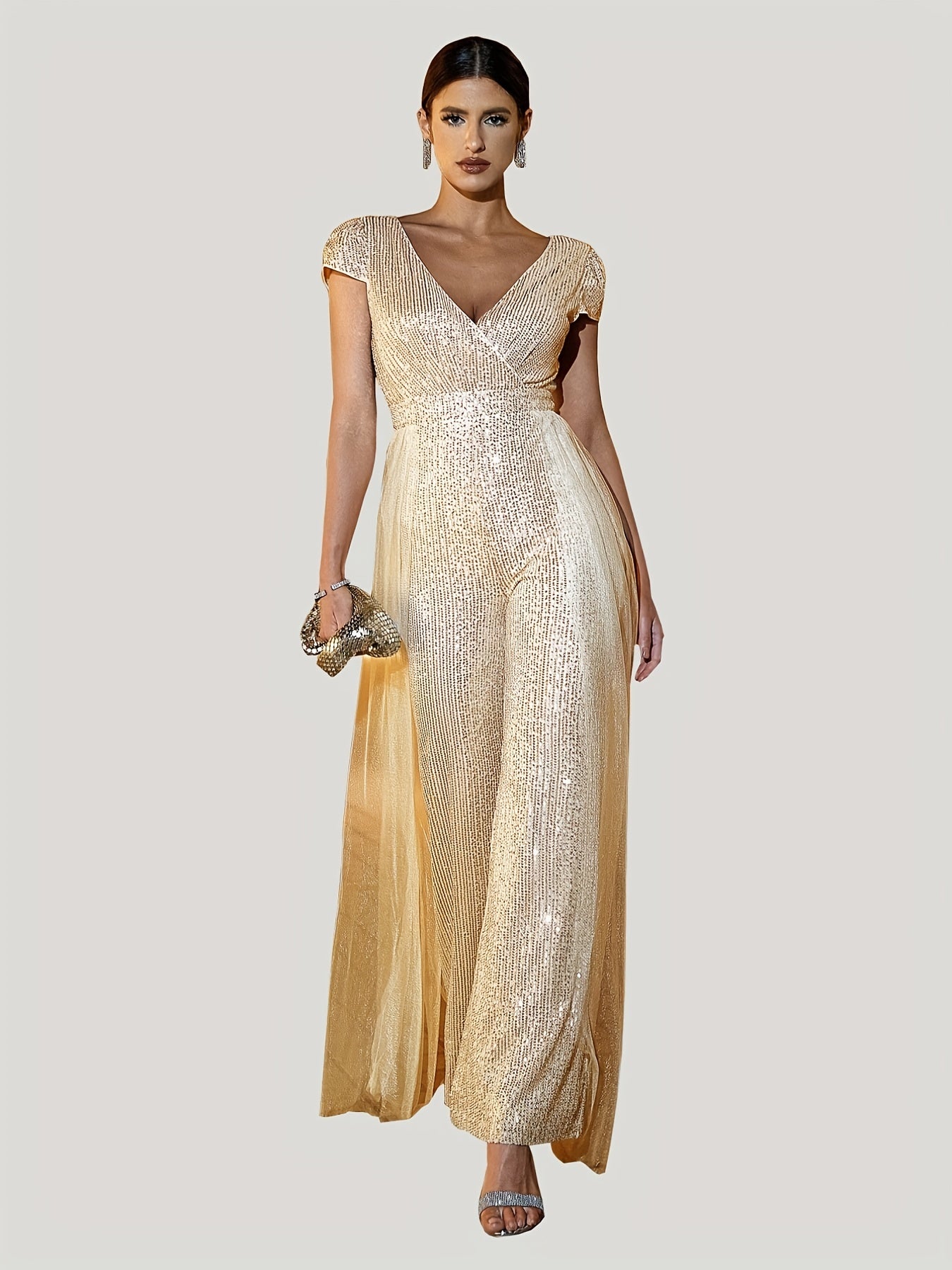 Sequin Surplice Neck Jumpsuit with Overskirt for Women