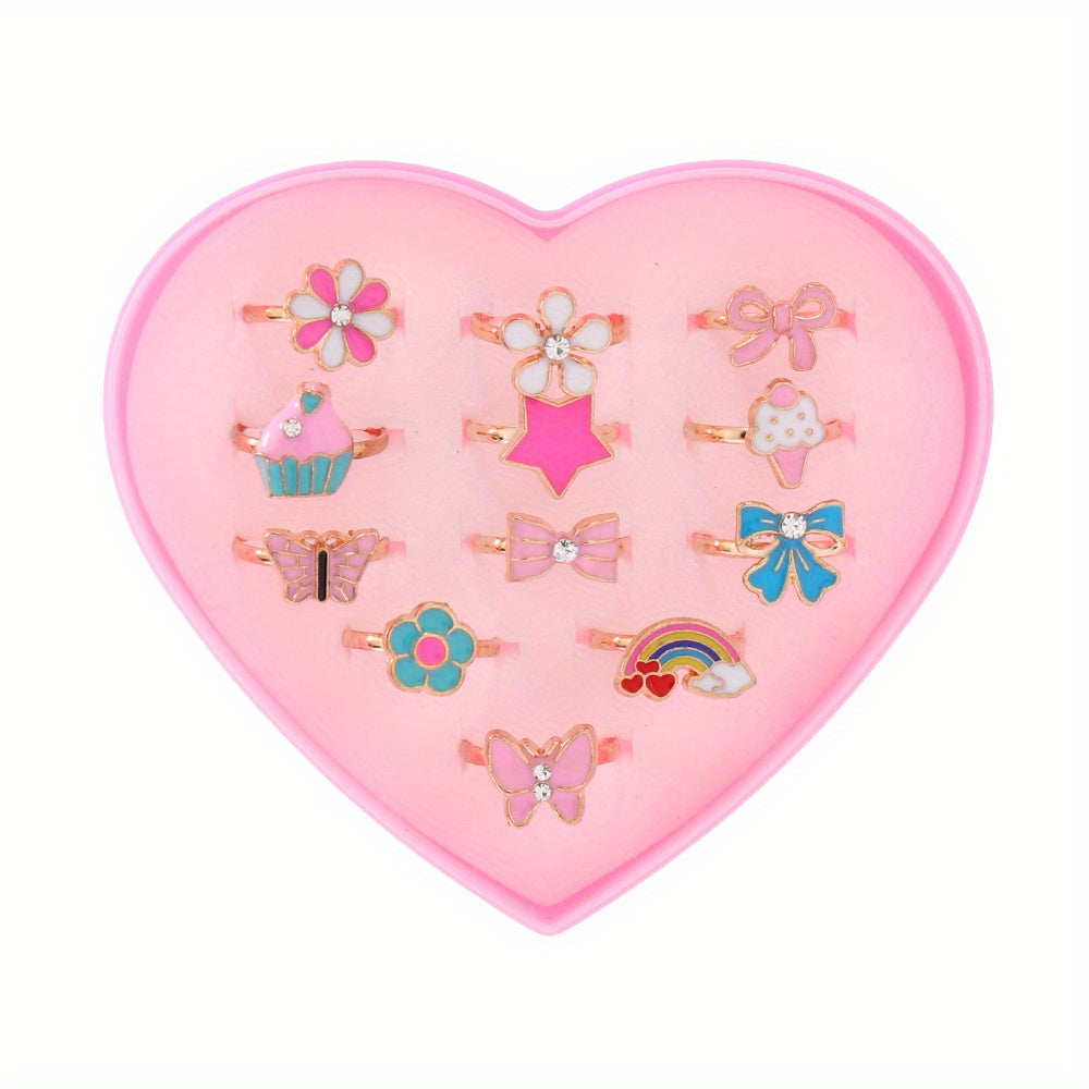 12pcs Cartoon Flower Butterfly Rainbow Star Adjustable Ring Set For Girls