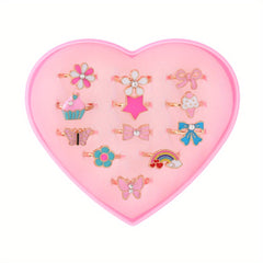 12pcs Cartoon Flower Butterfly Rainbow Star Adjustable Ring Set For Girls