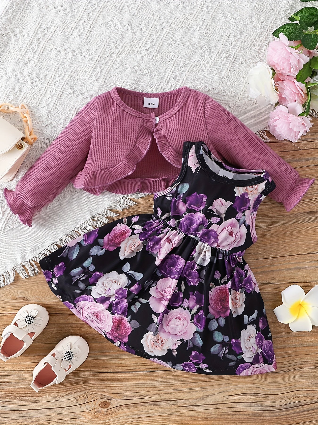 Toddler Girls Floral Print Dress & Ribbed Cardigan Set