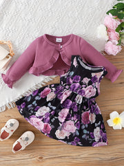 Toddler Girls Floral Print Dress & Ribbed Cardigan Set