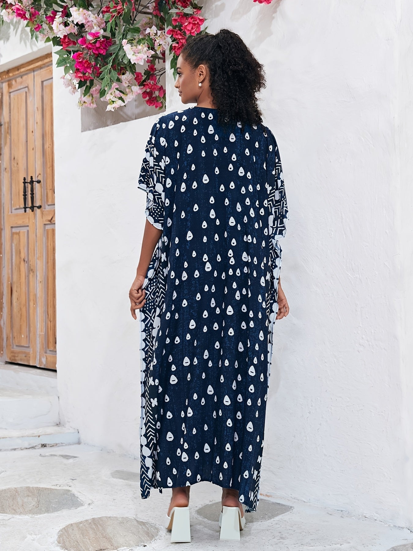 Boho Kaftan Dress Women's Allover Print Batwing Sleeve V Neck
