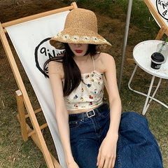 Vintage Crochet Bucket Hat UV Protection Sun Hat Foldable Outdoor Beach Travel
