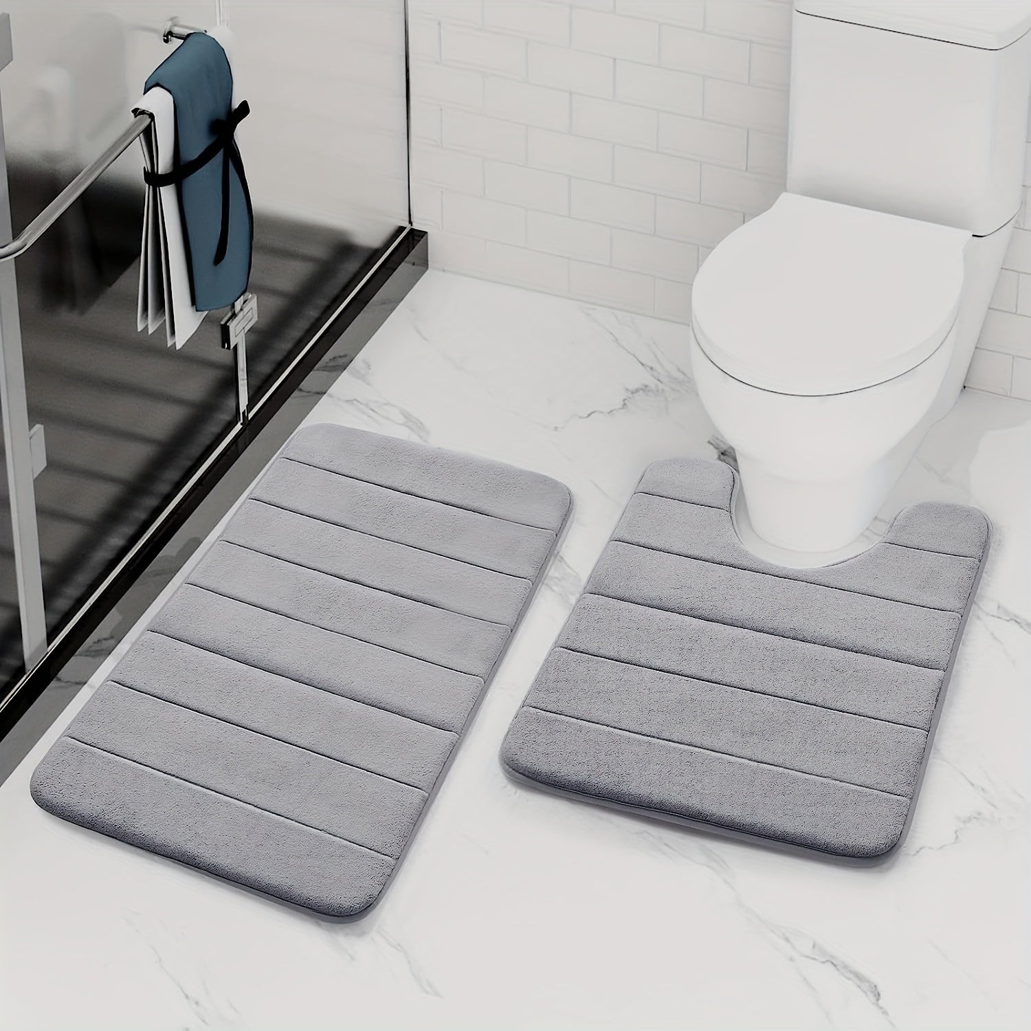 2pc Memory Foam Bathmat Set Anti Skid U Shaped Rugs