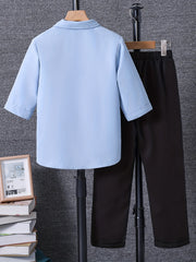 Boy's 2pcs Shirt & Pants Set Letter Print Patched Casual Outfits Kids Clothes