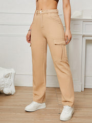 Apricot High Waist Straight Jeans Flap Pockets High Rise Loose Fit Wide Leg