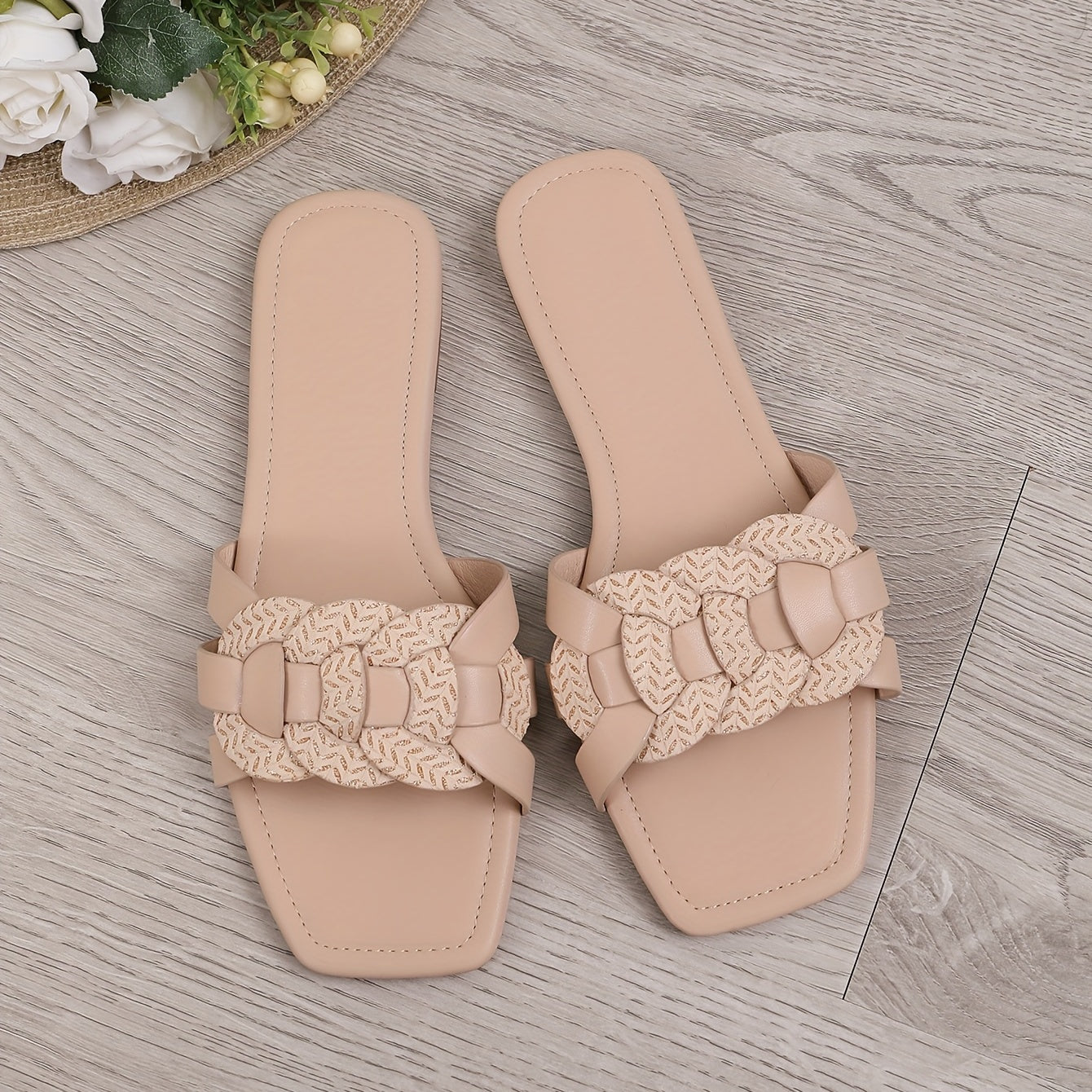 Solid Braided Square Toe Slip-On Flat Sandals Non-Slip Casual Slides