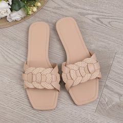 Solid Braided Square Toe Slip-On Flat Sandals Non-Slip Casual Slides