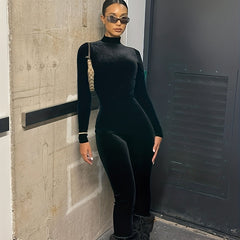 Solid Mock Neck Sports Jumpsuit Long Sleeve Bodycon Yoga Activewear