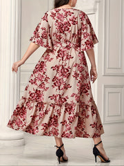 Women's Plus Floral Print Flutter Sleeve Maxi Smock Dress with Belt