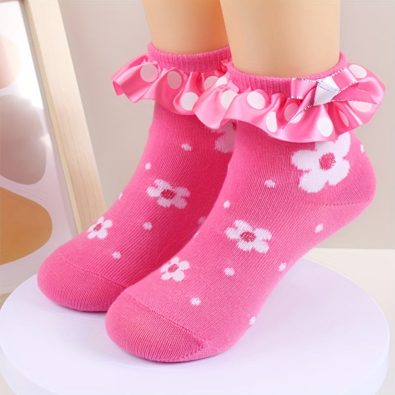 3 Pairs Baby Girls Ruffle Lace Flower Short Crew Socks Sweet Bow Dress Socks