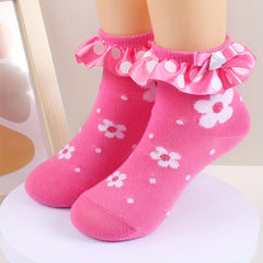 3 Pairs Baby Girls Ruffle Lace Flower Short Crew Socks Sweet Bow Dress Socks