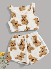 Bear Print Lounge Set Crew Neck Tank & Fuzzy Shorts Women's Loungewear