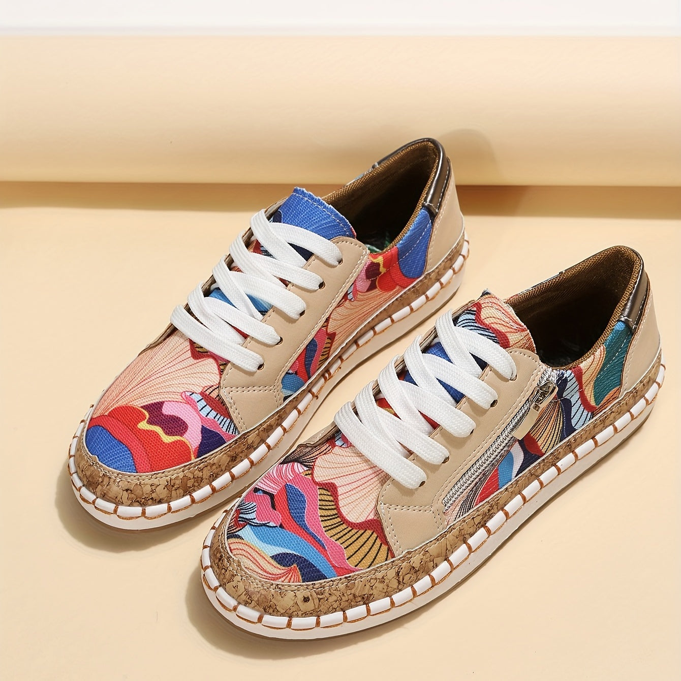 Colorblock Print Low Top Skate Shoes Lace Up Walking Sneakers