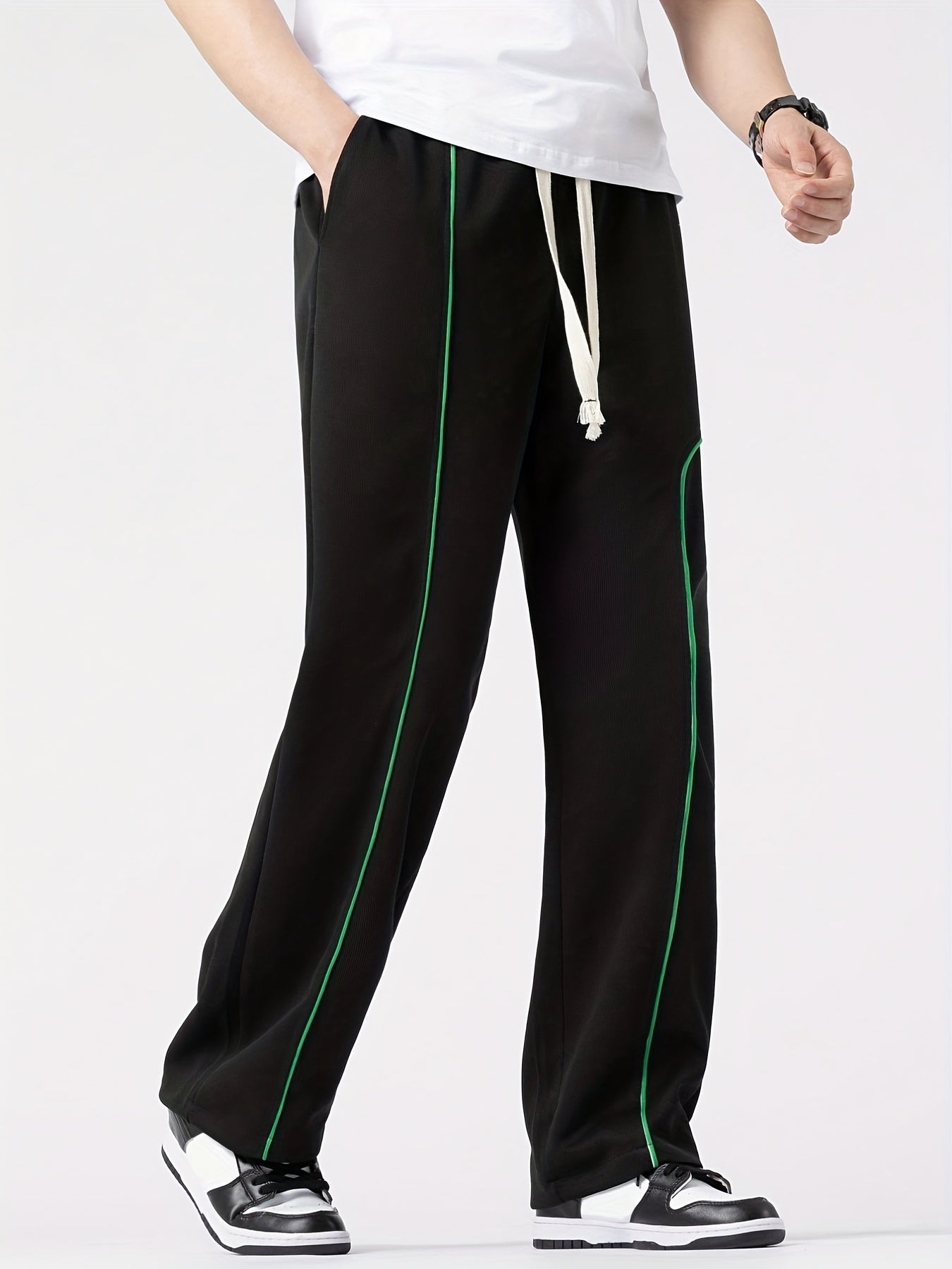 Contrast Stitching Joggers Men's Casual Loose Fit Stretch Waist Drawstring Pants