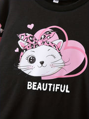 Girls Pink Leopard & Bow Cat Graphic Long Sleeve T Shirt