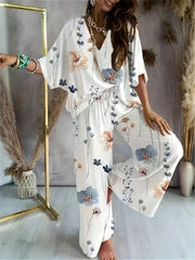 Floral Print Two piece Set V Neck Half Sleeve Tops & Wide Leg Pants