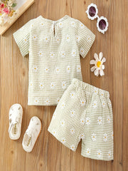 Girls Daisy Graphic Print T shirt&Shorts Set Summer Kids Clothing
