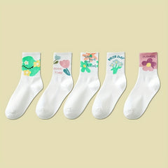 5 Pairs Floral Print Socks Breathable Mid Tube Stockings