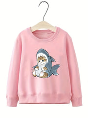 Kitten & Shark Pattern Round Neck Sweatshirt For Girls