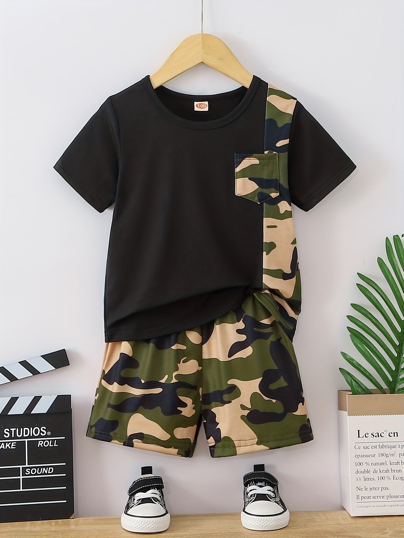Boys Camo Outfit Short Sleeves Round Neck T shirt & Shorts Casual Summer Kids