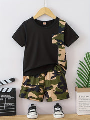 Boys Camo Outfit Short Sleeves Round Neck T shirt & Shorts Casual Summer Kids