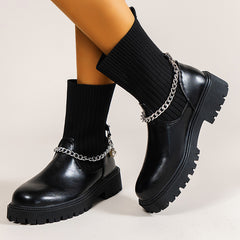 Elastic Pearl Chain Slip On Sock Boot Chunky Heel Round Head Boot