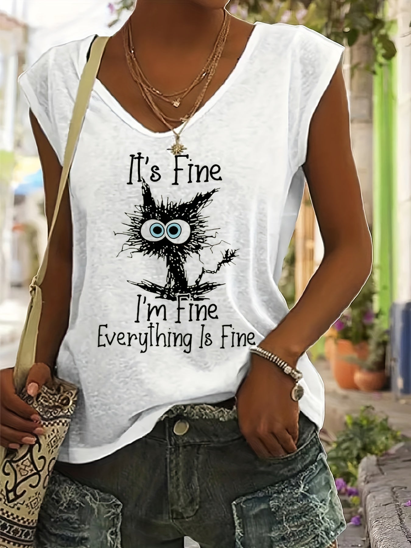 Cat & Letter Print Cap Sleeve Top Casual V Neck Summer Top Women's Clothing