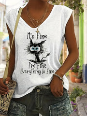 Cat & Letter Print Cap Sleeve Top Casual V Neck Summer Top Women's Clothing