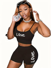 Letter Print Lounge Set Cami Top & Skinny Shorts