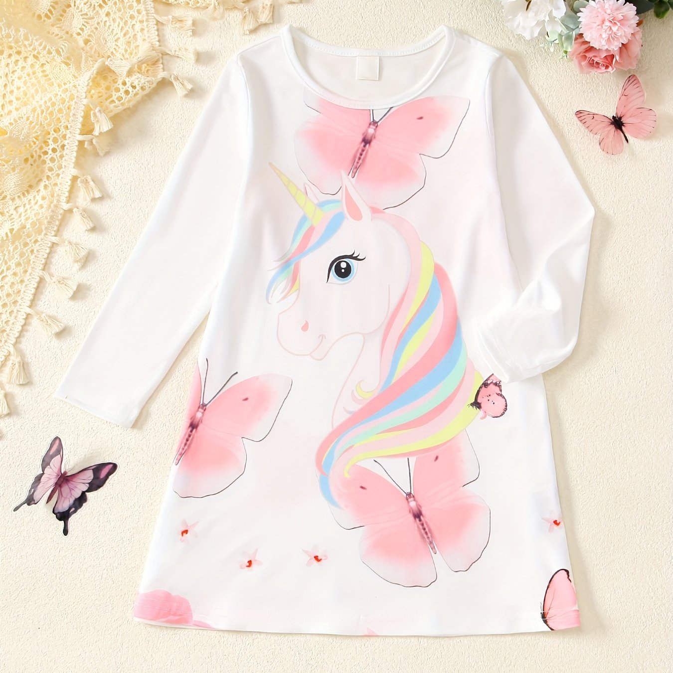 Unicorn Tee Dress Toddler Girls Long Sleeve Party Nightgown