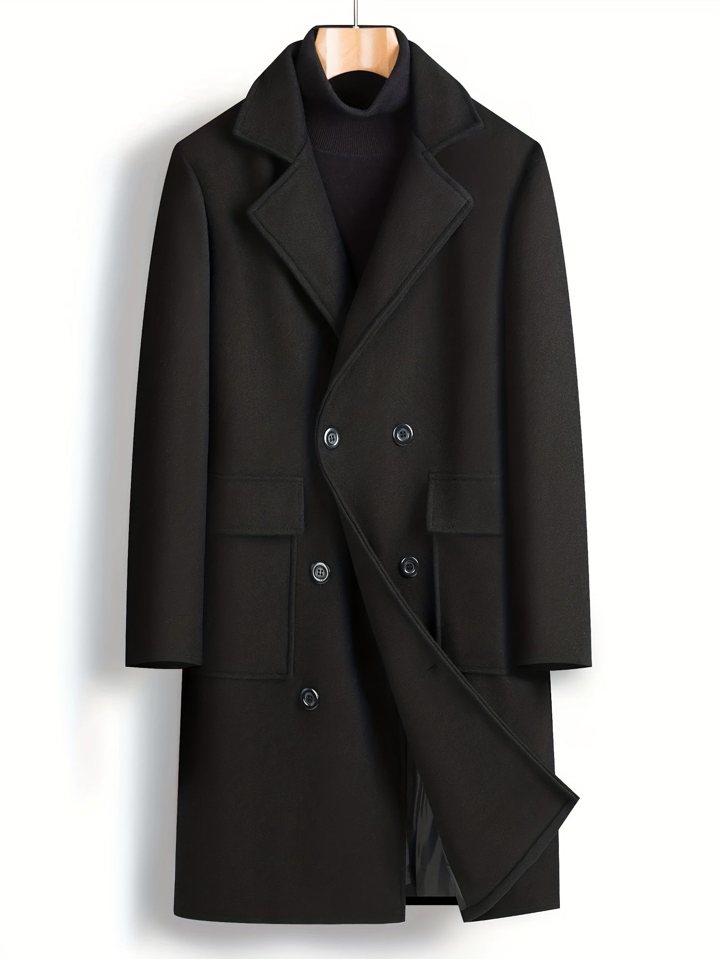 Double Breasted Trench Coat Men's Casual Lapel Woolen Overcoat