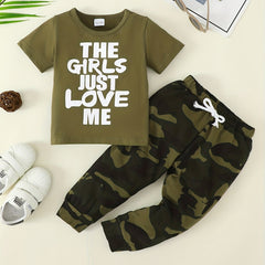 2pcs Baby Boys The Girls Just Love Me T shirt & Camouflage Pants Set