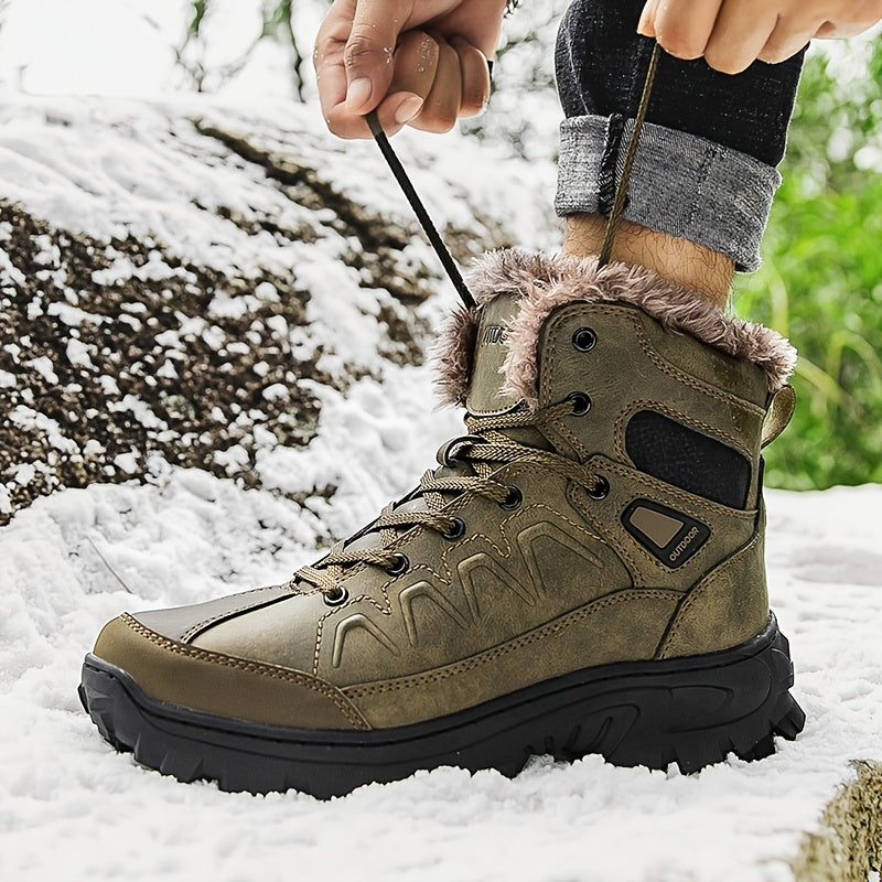 Men's Leather Snow Boots Warm Fleece Anti-Skid Hiking Winter Boots