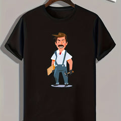 Cartoon Repairman Pattern Print Men's Comfy Sports T-shirt