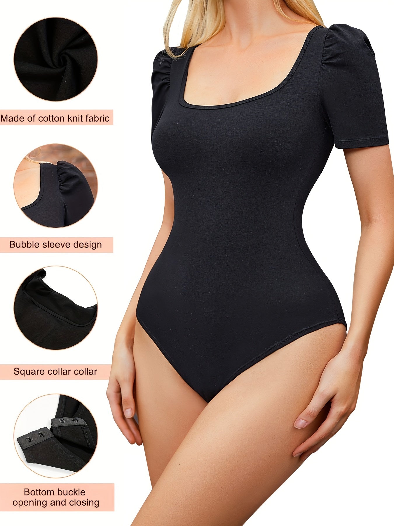 Square Neck Tight Bodysuit Bubble Sleeve Shapewear