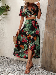 Tropical Print V Neck Flutter Sleeve Two Piece Set