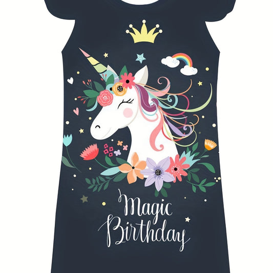 Girl's Pony One piece Dress Butterfly Sleeve Crew Neck Princess Dress Summer