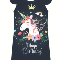 Girl's Pony One piece Dress Butterfly Sleeve Crew Neck Princess Dress Summer