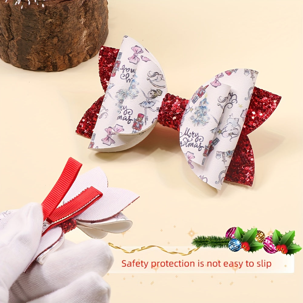 Red Christmas Glitter Bow Hairpin Faux Leather Clip