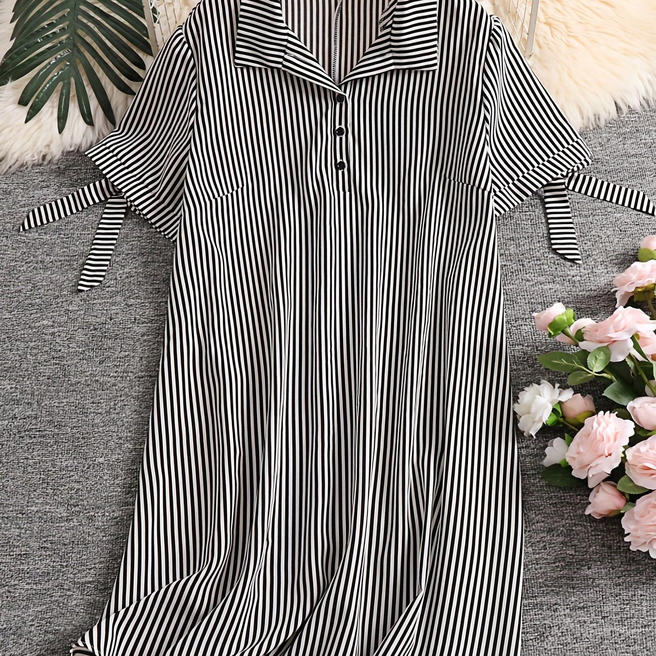 Casual Dress Women's Plus Stripe Print Knot Short Sleeve Polo Neck