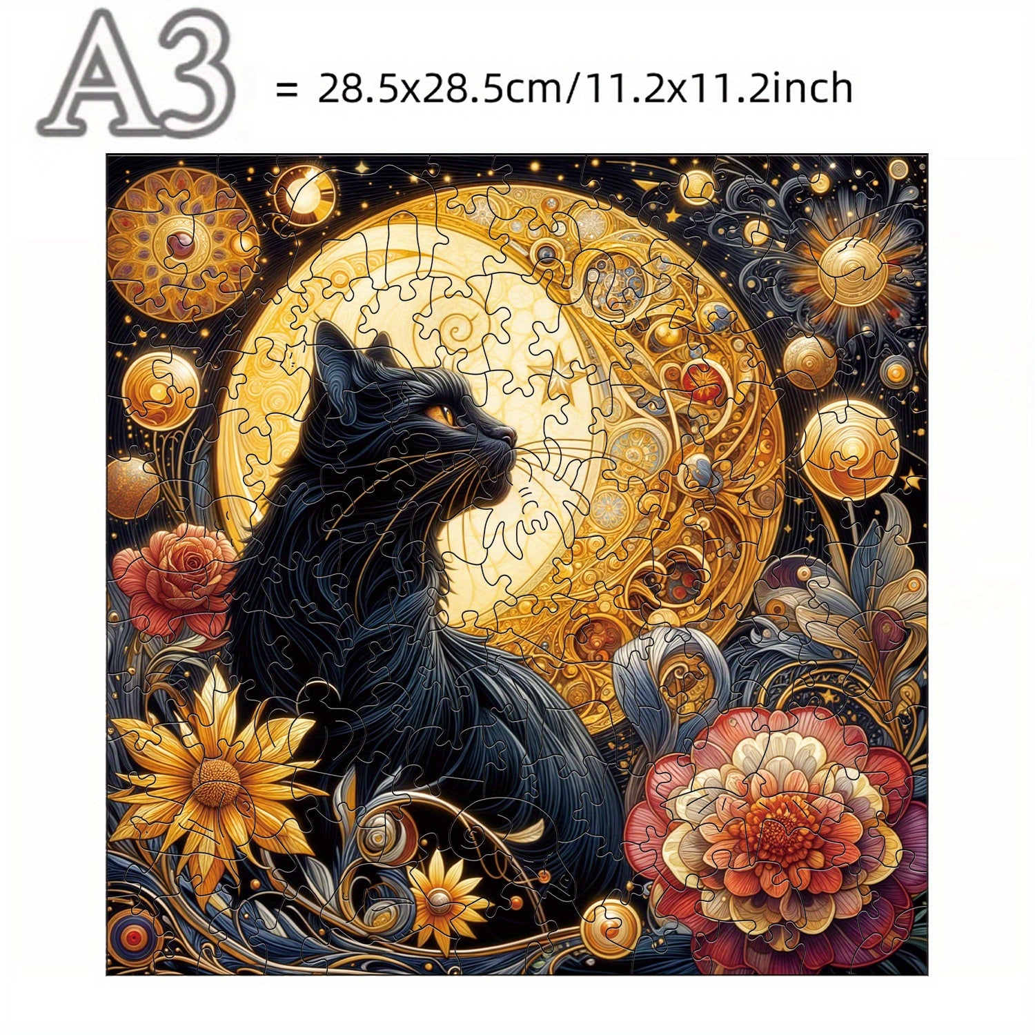 Celestial Fantasy Artwork Wooden Jigsaw Puzzle - Enchanting Cat & Moonlit Night