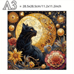 Celestial Fantasy Artwork Wooden Jigsaw Puzzle - Enchanting Cat & Moonlit Night