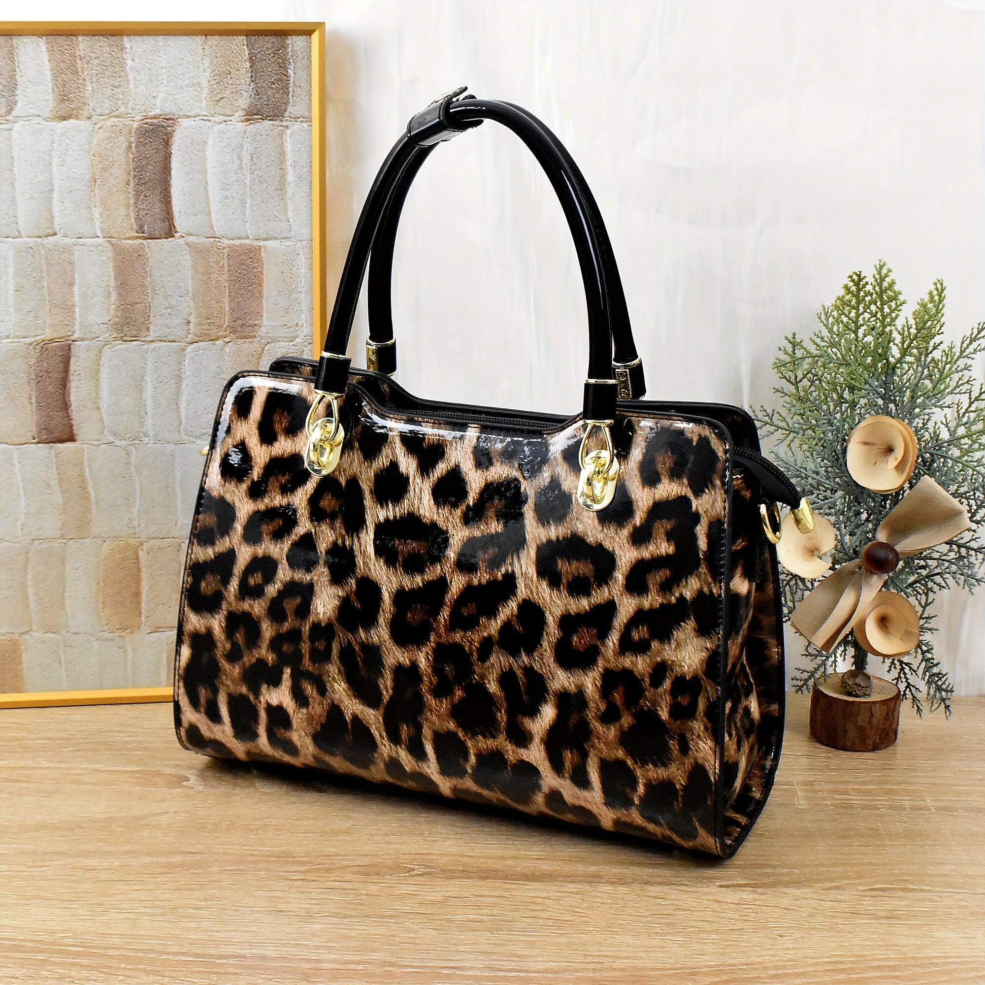 Leopard Print Tote Bag with Removable Strap Zipper Closure Polyester Lining