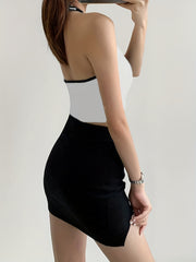 Y2K Halter Neck Crop Top Backless Contrast Trim