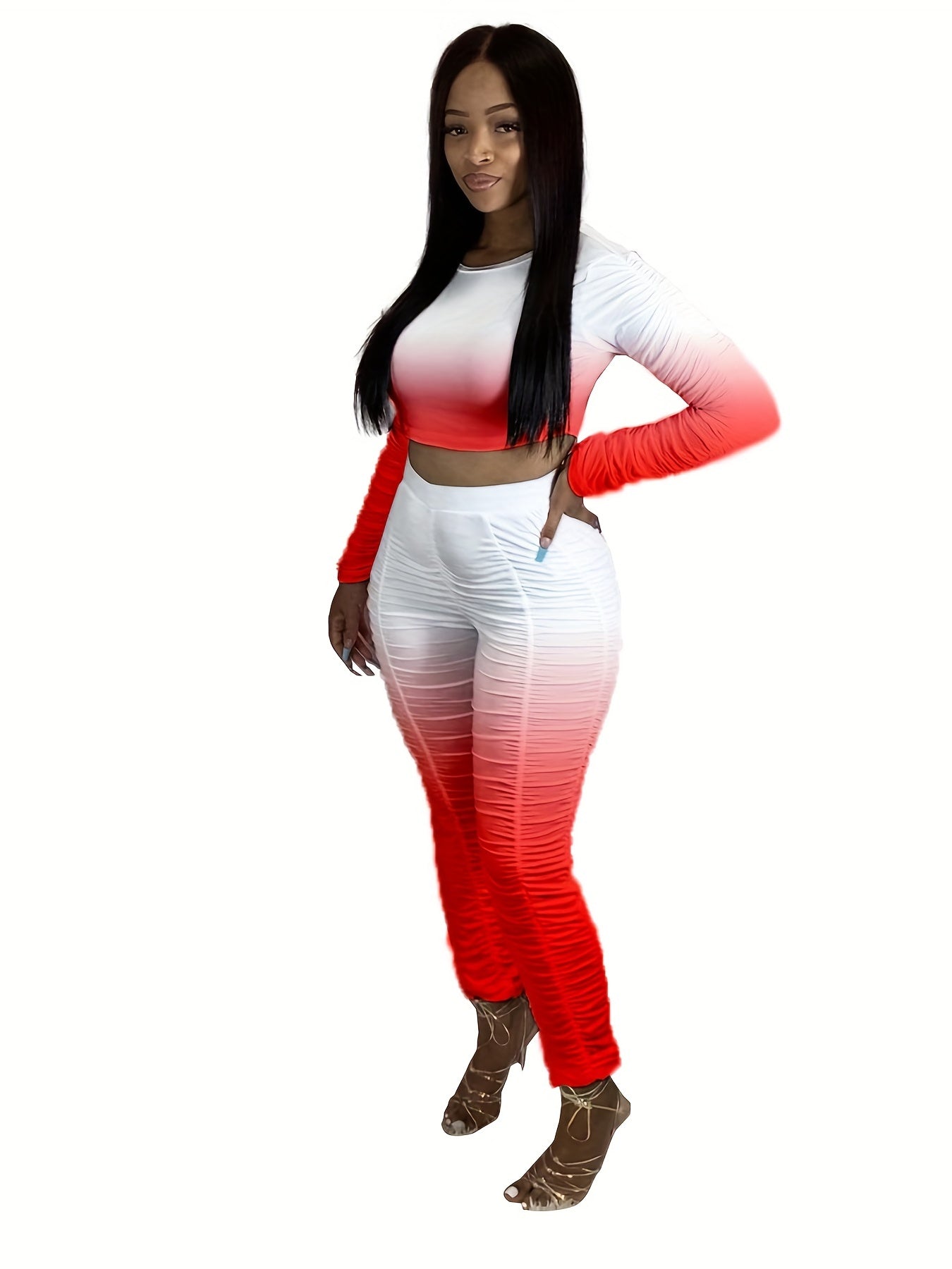Gradient Ruched 2 Pc Set Crew Neck LS Top & Slim Pants Outfits Women's Clothing