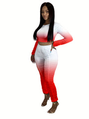 Gradient Ruched 2 Pc Set Crew Neck LS Top & Slim Pants Outfits Women's Clothing