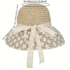 Lace Flower Ribbon Sun Hat Wide Brim Straw Hat Foldable Travel Beach Hats