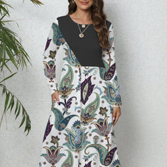 Women's Plus Colorblock Floral Print Long Sleeve Round Neck Dress With Pockets