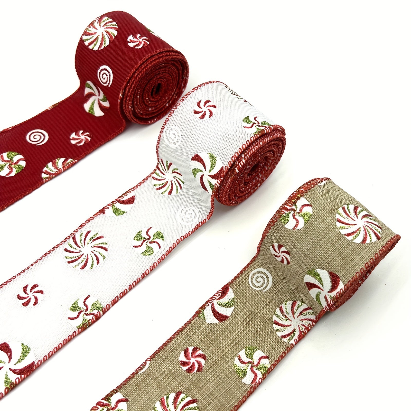Christmas Ribbons Candy Wired Edge Ribbon Peppermints Pattern DIY Crafts Wreath
